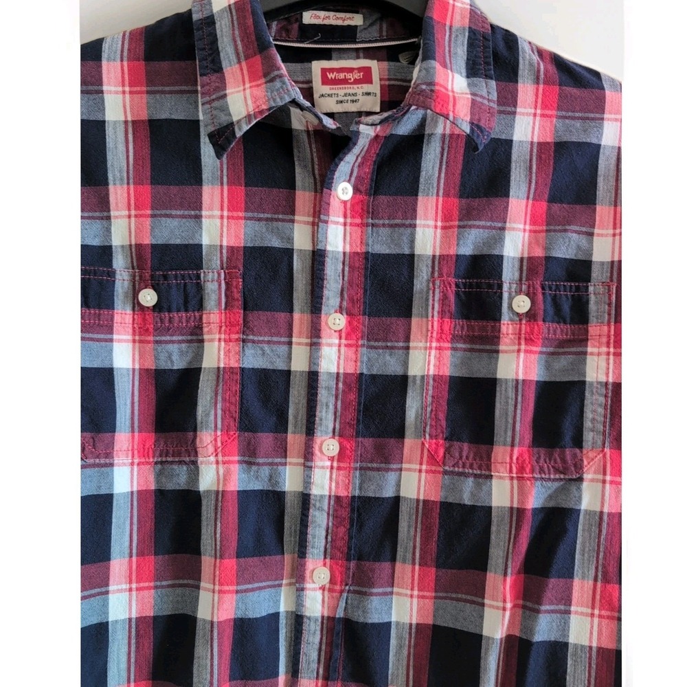Wrangler Button Down SZ XL Shirt Mens Red White & Blue Cotton Blend Stretch